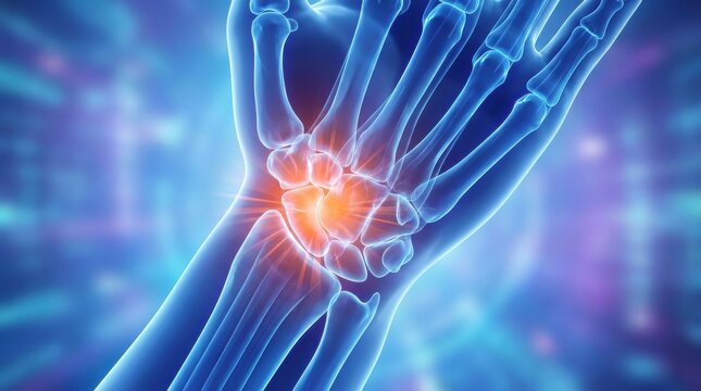 Close-up of a glowing blue human wrist joint with highlighted pain points