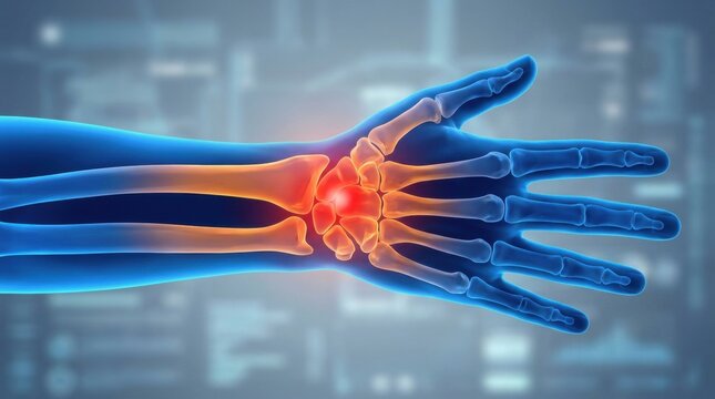 Digital illustration of a human wrist with highlighted bones and inflammation