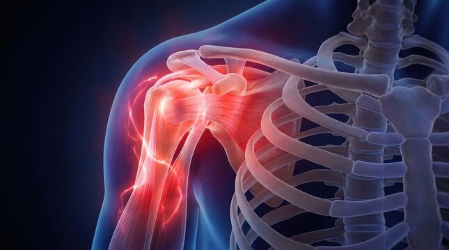 Anatomical illustration of painful shoulder joint with inflamed muscles and bones