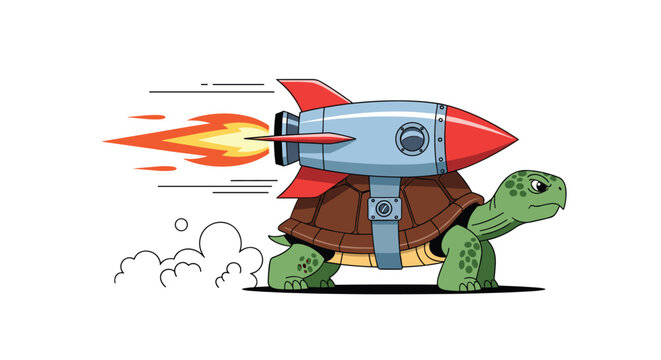 Humorous cartoon illustration of a green sea turtle with a rocket strapped to its shell flying at high speed with exhaust flames.