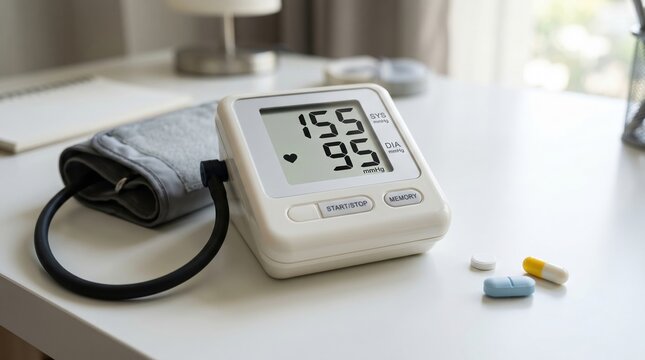 Digital blood pressure monitor showing high readings next to medication on a desk