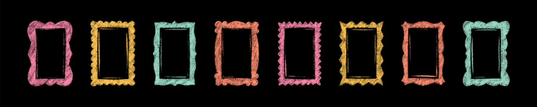 Doodle sketch rectangle pastel drawing frame set on black background. Hand drawn funky childish chalk scribble on the blackboard. Quirky kid scrapbook, collage design element. Photo frame