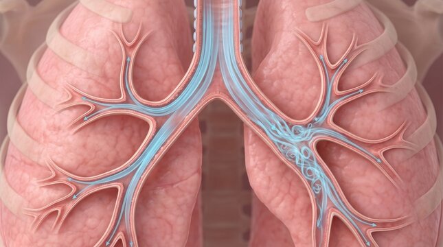 Detailed 3D illustration of human lungs showing airflow through bronchi and bronchioles