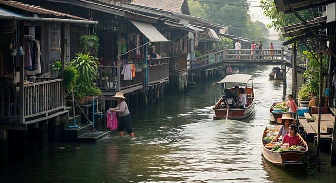 Floating market scene with traditional wooden stilt houses, boats selling goods, and people shopping in Thailand, natural light and ambiance