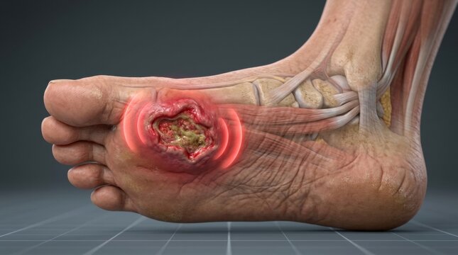 Close-up 3D medical illustration of a diabetic foot ulcer with inflammation and exposed bone