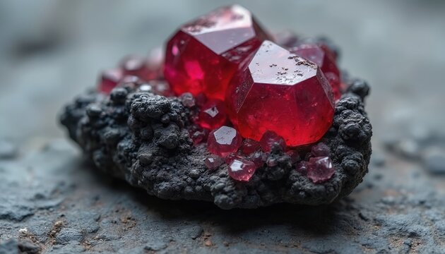 Macro view of rough matrix mineral with vibrant red crystals. Raw cinnabar specimen shows clear geometric facets on dark porous rock. Natural gem formation close up.