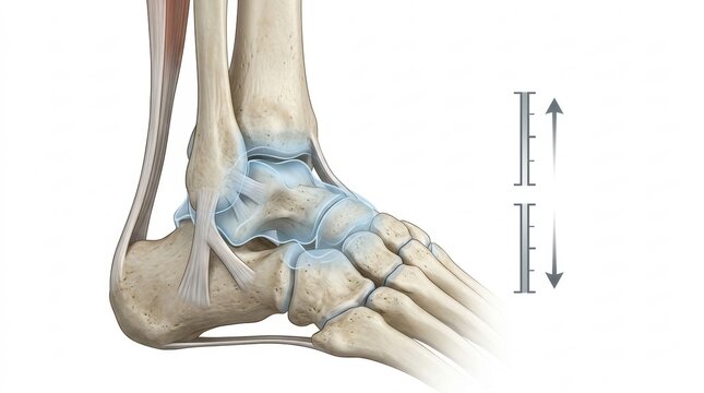 Detailed anatomical illustration of the human ankle and foot bones and ligaments