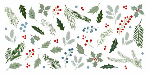 A collection of festive botanical illustrations including holly berries and pine © Prodip