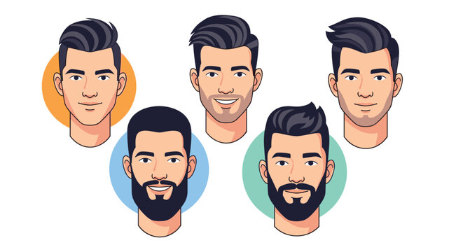 Set of smiling male faces with different hairstyles and beards presented inside colorful circles for modern avatar or profile design concepts.