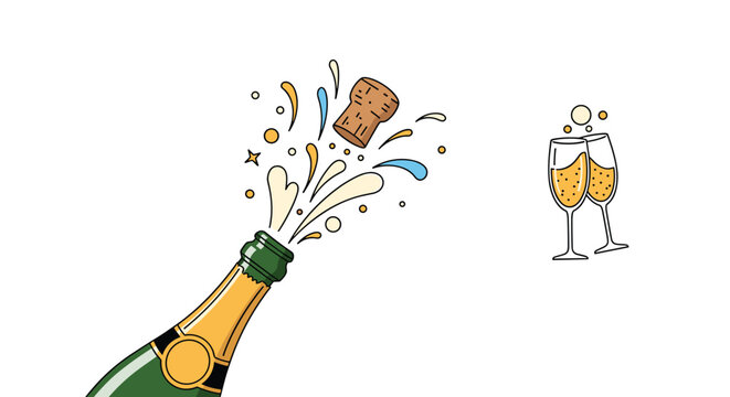 Celebration theme featuring a green champagne bottle with a popping cork and sparkling bubbles alongside two filled glasses for special occasions.