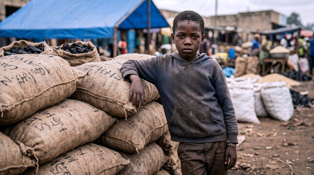 Young African Boy Standing Beside Large Burlap Sacks of Charcoal at Busy Market