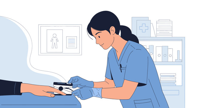 Nurse checking patient's oxygen saturation with pulse oximeter in clinic