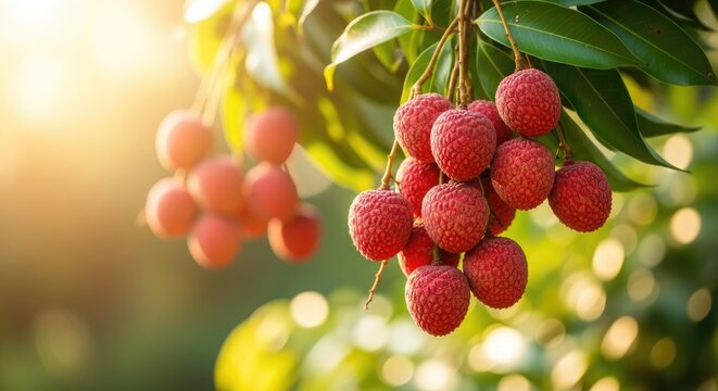 Close up of lychee fruits hanging from a branch bathed in warm sunlight tropical garden