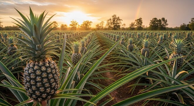 Golden hour over pineapple field a tropical landscape at sunset