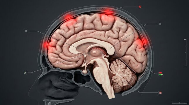 Sagittal view of human brain with highlighted areas indicating potential issues