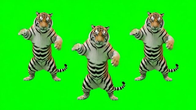 bengal tigers dancing on a green screen background for vfx projects video