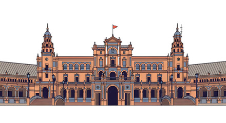 Fototapeta premium Ornate palace building facade with towers and arched windows, detailed architecture, classic European style, illustration