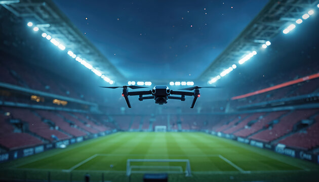 Drone flies over empty football stadium at night. Bright lights illuminate green field. Modern tech observes sports arena for security or broadcast.