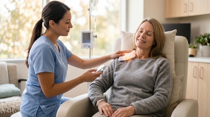 Obraz premium Nurse applies therapeutic light to patient's neck for pain relief and healing
