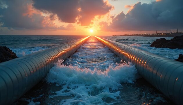 Large industrial pipes run into the sea at sunset. Water flows around pipes near shore. Coastal city lights visible on horizon. Dramatic sky with clouds and sun.