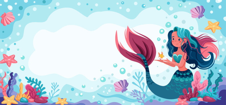 Cute mermaid birthday frame with seashells and ocean pearls. Underwater princess party invitation design with pastel pink background and decorative sea elements.