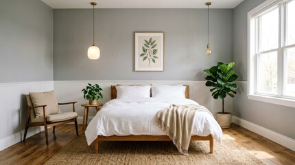 Naklejka premium Minimalist Bedroom with Wooden Bed and Natural Light