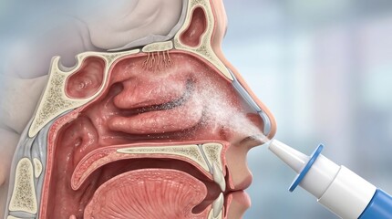 Fototapeta premium Close-up 3D illustration of nasal cavity with spray being administered