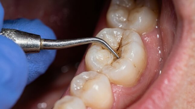 Dentist using a scaler tool to clean a human tooth with visible decay