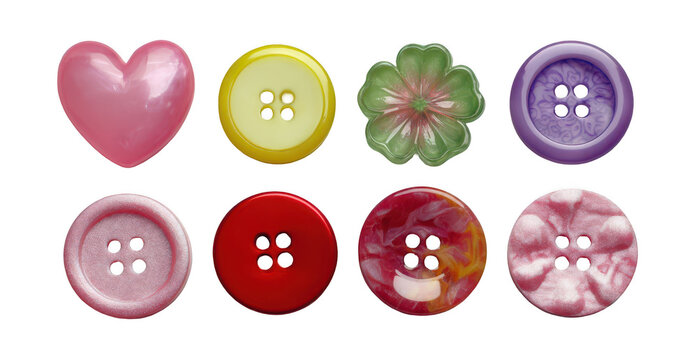 Colorful decorative buttons with floral and heart designs isolated on transparent background