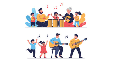 Fototapeta premium Two scenes showing families with children and grandparents playing musical instruments and dancing together in a happy atmosphere.