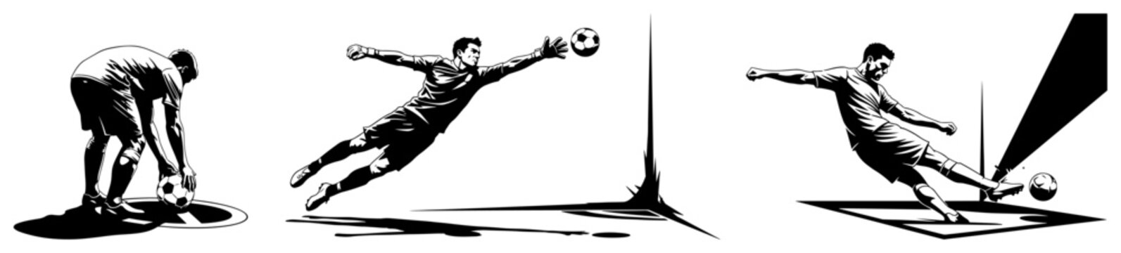 Football soccer player shooting ball and goalkeeper diving to save in monochrome minimalist vector style