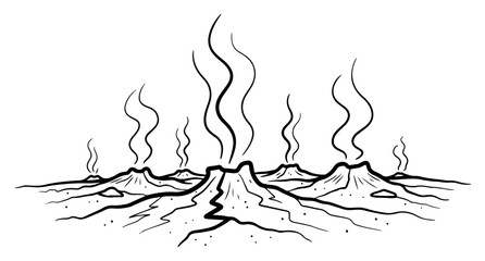 Volcanic landscape with smoking craters and geothermal vents in hand drawn sketch style © Logan