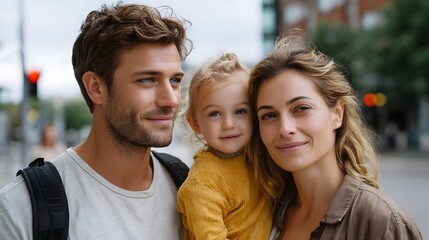 Fototapeta premium A candid portrait of a happy modern family enjoying an outing together in an urban city setting
