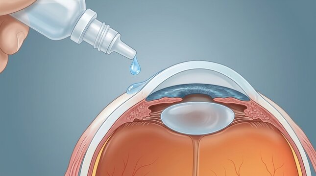 Close-up illustration of a human eye receiving medical eye drops from a dropper bottle