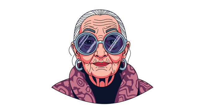Artistic portrait of a fashionable elderly woman wearing oversized round glasses and a patterned coat with large hoop earrings.