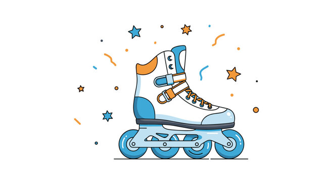 Vibrant illustration of a modern inline roller skate surrounded by festive stars and confetti to represent fun and active lifestyle.