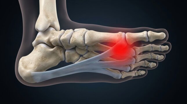 Anatomical illustration of a human foot showing pain in the metatarsal area