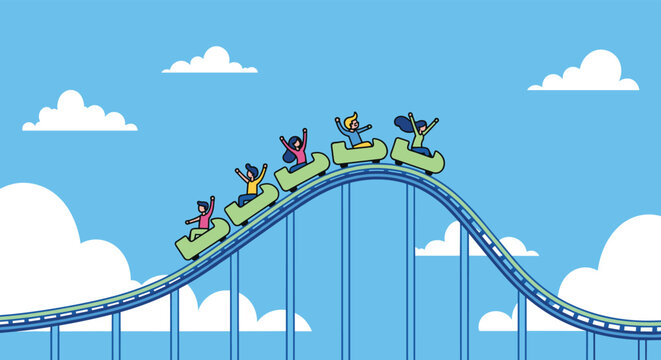 Excited people raising their hands while riding a green roller coaster on a blue sky background with white fluffy clouds.