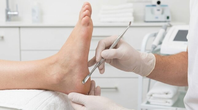 Podiatrist performing callus removal on a patient's heel with a specialized tool