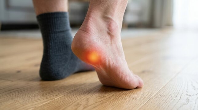 Close-up of a person's heel with a red glow indicating pain or inflammation
