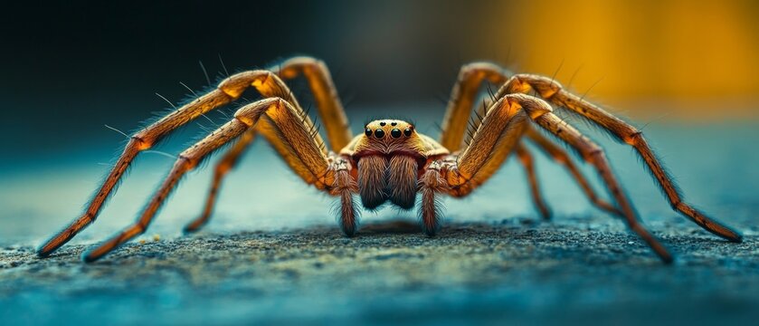 A close-up of a jumping spider with striking eyes against a blurred background showcases the intricate details of the microcosm and makes for an intriguing backdrop for educational biology materials.