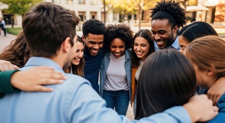 Fototapeta premium Diverse Group of Young Adults Smiling in a Circle Outdoors During Daytime Activities