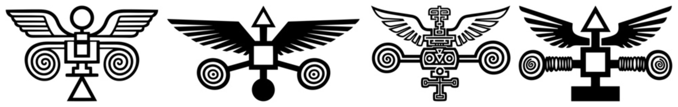 Winged mechanical totems and ancient mythical symbols in black and white vector style
