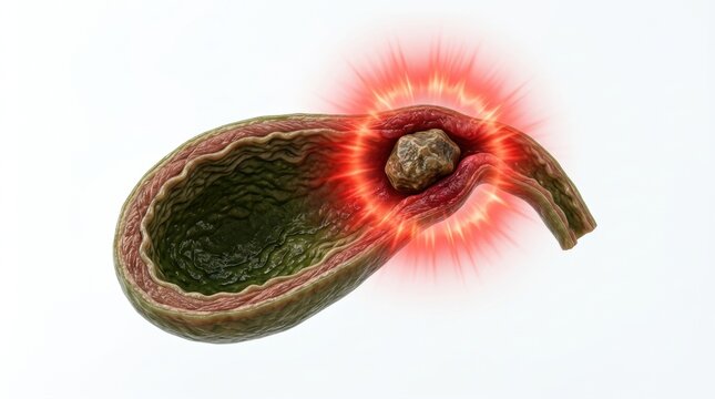 Gallstone blocking the cystic duct causing inflammation and pain