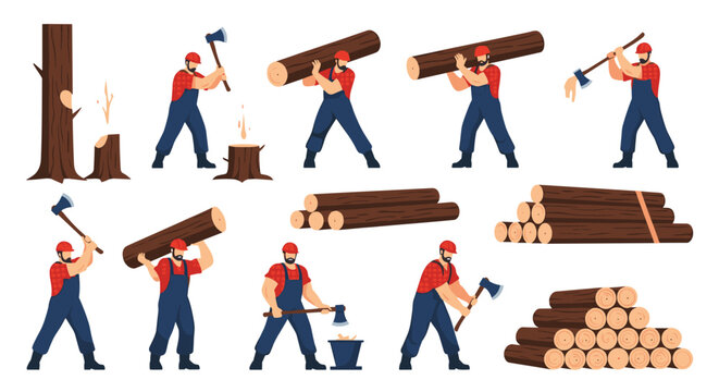 Lumberjack characters performing various forestry tasks such as cutting trees carrying logs and splitting wood with axes.