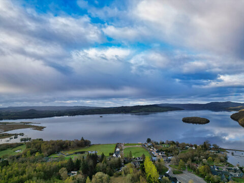 April 19th, 2026. Aerial View of Balmaha Valley Glasgow Landscape During Sunset Time. The village is a popular tourist destination for picnickers and day trippers from Glasgow