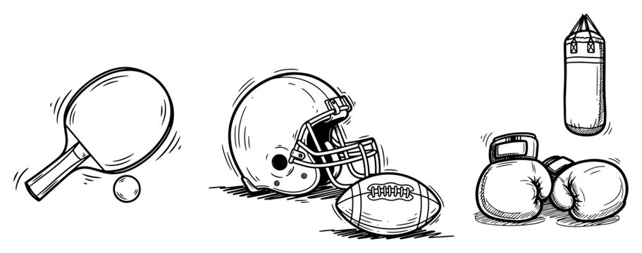 Sports equipment collection with boxing gloves football helmet and fitness gear in hand drawn style