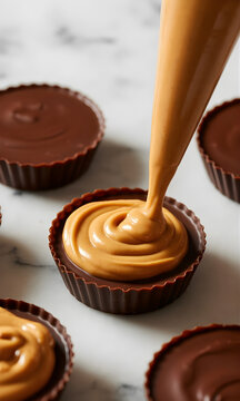Manga pastelera rellenando bombones de chocolate con crema de cacahuete sobre m&aacute;rmol