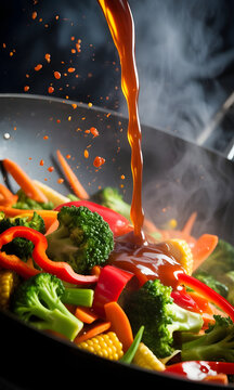 Vertido de salsa de soja sobre vegetales frescos salteados en un wok caliente con vapor