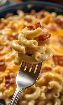 Primer plano de macarrones con queso cremosos servidos en un tenedor con trozos de tocino crujiente